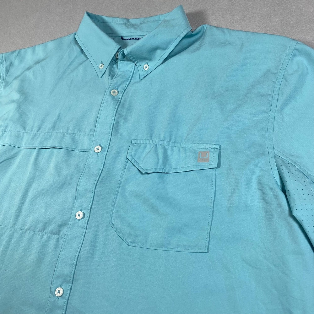 Huk Blue Green Vented Fishing Button Down Short Sleeve Shirt Mens 2XL